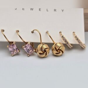 Gold-Tone Stud & Hoop Earring Set Knot, Purple Stone & Rhinestones 3/4”